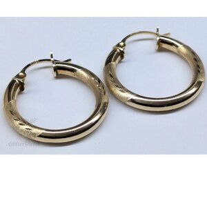 14k Yellow Gold Diamond Cut Hoop Earrings 3.5mm Satin Texture 1.1" 3g SI Mark